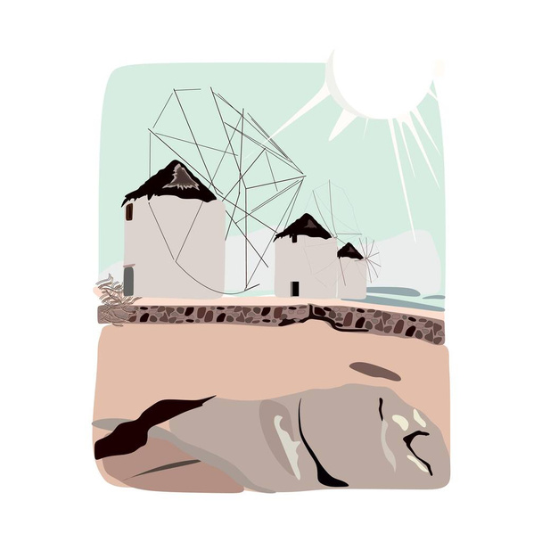 Beautiful Landscape on a summer day. Mills against a blue sky. - Vector, afbeelding