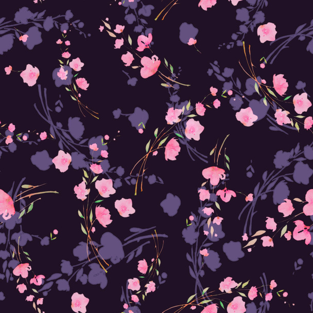 Pink cherry flowers on a dark purple background, sakura, seamless watercolor pattern. Romantic gentle design for packaging paper, wallpaper, websites, fabrics - Foto, Imagem