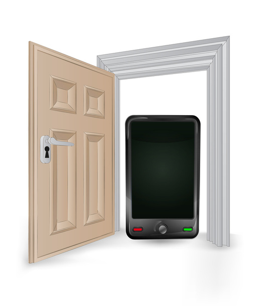 ανοιχτές πόρτες απομονωμένες πλαίσιο με το νέο έξυπνο τηλέφωνο φορέα - Διάνυσμα, εικόνα