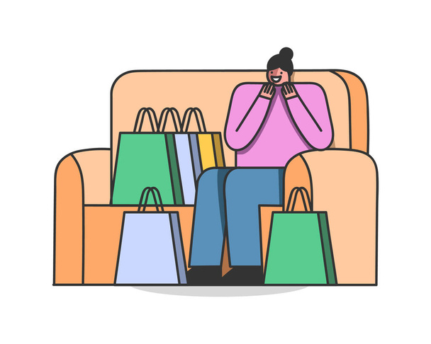 Donna felice con le borse della spesa seduta sul pullman. Shopping online e concetto di consegna
 - Vettoriali, immagini
