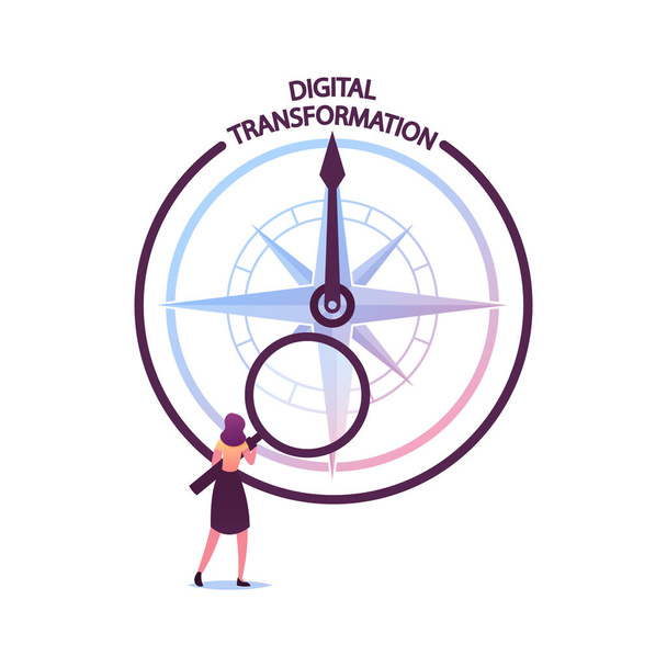 Klein vrouwelijk karakter met enorm vergrootglas kijk op kompas met digitale transformatie richting - Vector, afbeelding