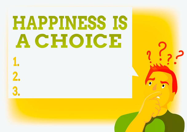 Eine Notiz, die zeigt, dass Glück eine Wahl ist. Business-Foto zeigt Bleiben Sie glücklich, egal, was inspirierter motivierter Mann ausdrückt Hand auf Mund Fragezeichen Symbol Text Bubble. - Foto, Bild