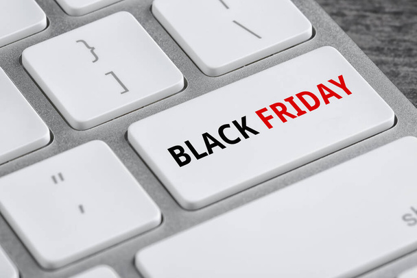 Computer keyboard with Black Friday button, closeup. Online shopping  - Foto, Imagem