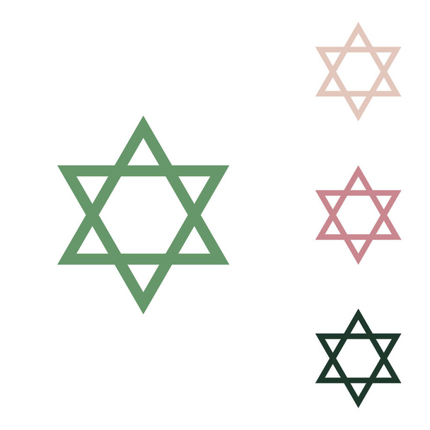 Shield Magen David Star. Symbol of Israel. Russian green icon with small jungle green, puce and desert sand ones on white background. - Vector, Image