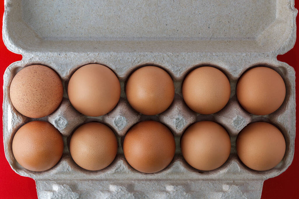 Яйця в лотку крупним планом на червоному тлі
 - Фото, зображення