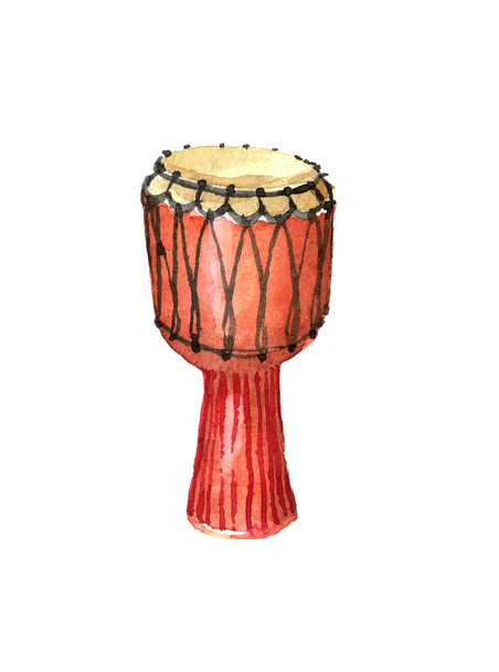rhythmic music instrument, african & arabic drum, red djembe with traditional ornament, color illustration isolated on white background in watercolor technique, hand drawn style - Фото, зображення