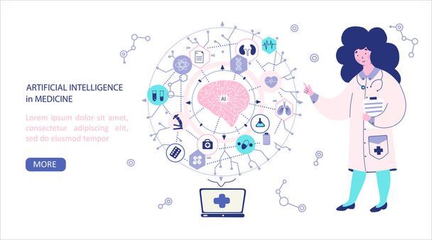 Artificial intelligence medicinevector. Concept of the AI diagnostics and calculations, cartoon web banner, webpage - Вектор,изображение