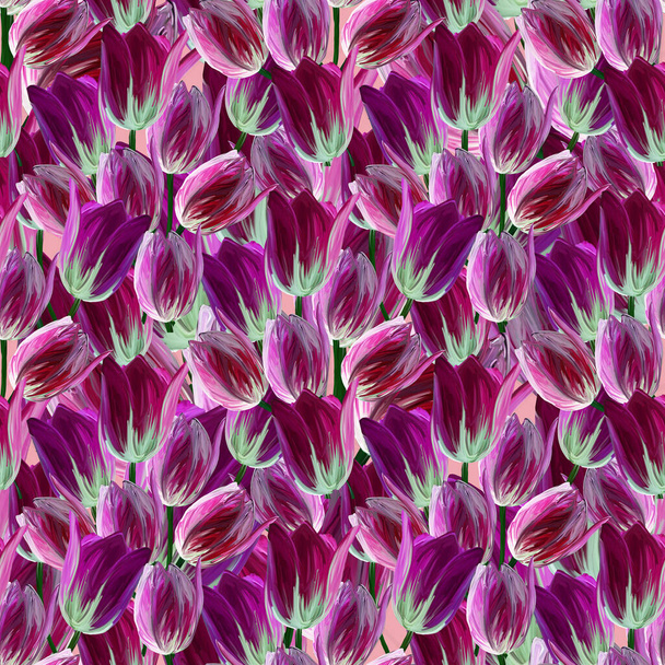 Gouache hand drawn pale tulip seamless pattern for background, fabric, wrapping paper. Stock template design. - Foto, afbeelding