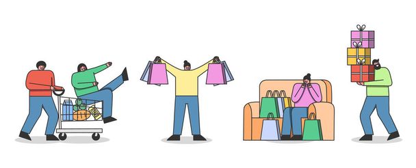 Conjunto de personas de dibujos animados en las compras con bolsas de compras, cajas de regalo, carrito de supermercado. Venta de vacaciones
 - Vector, imagen