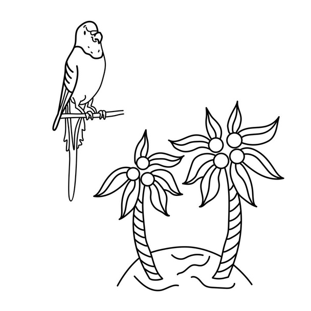 Värikäs aaltoileva papukaija ja saari palmuineen. Musta ja valkoinen vektori kuvitus sarjakuva tyyliin. Virtapiiri
 - Vektori, kuva
