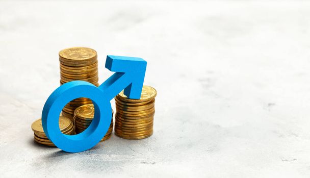Símbolo de género de um homem e uma pilha de moedas. Discriminação
 - Foto, Imagem