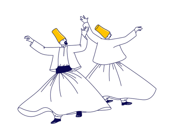 Whirling Dervish Χαρακτήρες με Παραδοσιακά Στολή Χορός Αραβικός Τουρκικός Χορός Απομονωμένος σε Λευκό Φόντο - Διάνυσμα, εικόνα