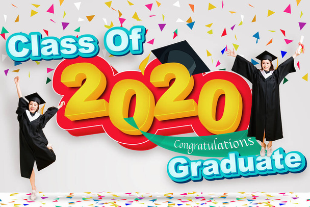 happy young woman in graduation gowns and celebrating 2020 graduate concept - Photo, Image