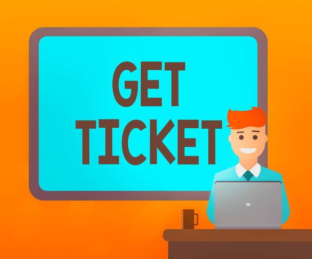 Writing note showing Get Ticket. Business photo showcasing acquiring an important gateway pass for a specific event or trip Bordered Board behind Man Sitting Smiling with Laptop Mug on Desk. - Photo, Image