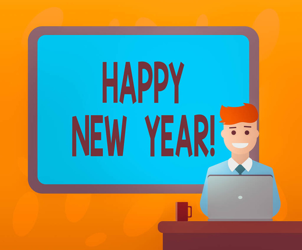 Writing note showing Happy New Year. Business photo showcasing another year began for granting one self s is wishes and goals Bordered Board behind Man Sitting Smiling with Laptop Mug on Desk. - Photo, Image