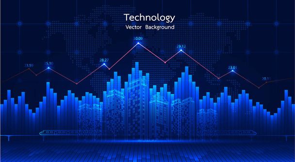City background Financial graph on night city scape with tall buildings background double exposure. Economic growth graph chart. Vector illustration. - Vector, Image
