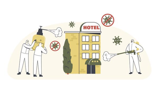 Hotel Disinfection, Coronavirus Contamination. Characters Wearing Protective Hazmat Suits Spraying Antibacterial Liquid - Vector, Image
