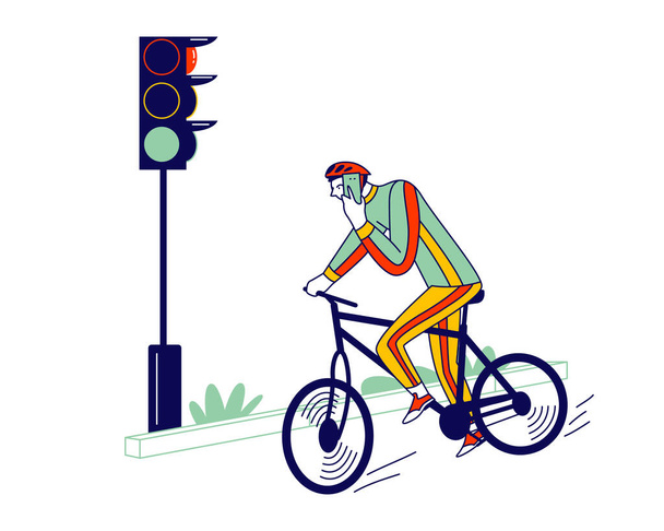 Bicicletta di guida del personaggio maschile motociclista negligente sulla strada della città Parlando con Smartphone ignorando il semaforo
 - Vettoriali, immagini