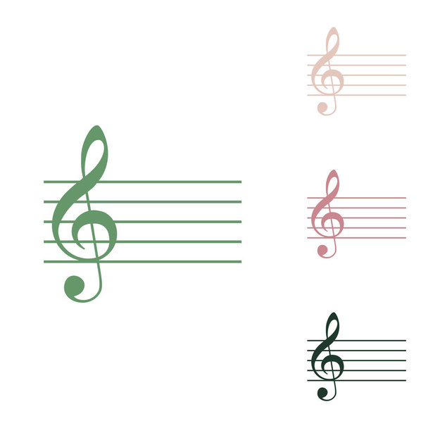 Music violin clef sign. G-clef. Russian green icon with small jungle green, puce and desert sand ones on white background. - Vector, Image