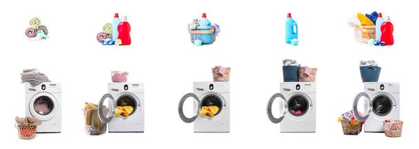 Set van moderne wasmachines, wasmanden en wasmiddelen op witte achtergrond - Foto, afbeelding