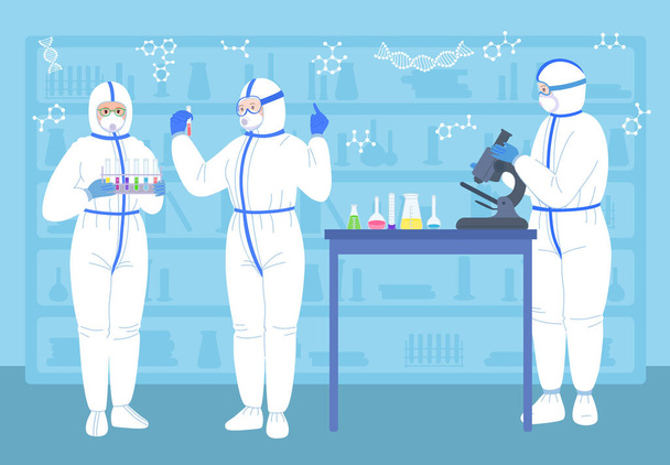 Vědci v laboratorních baňkách mikroskopické obleky - Vektor, obrázek