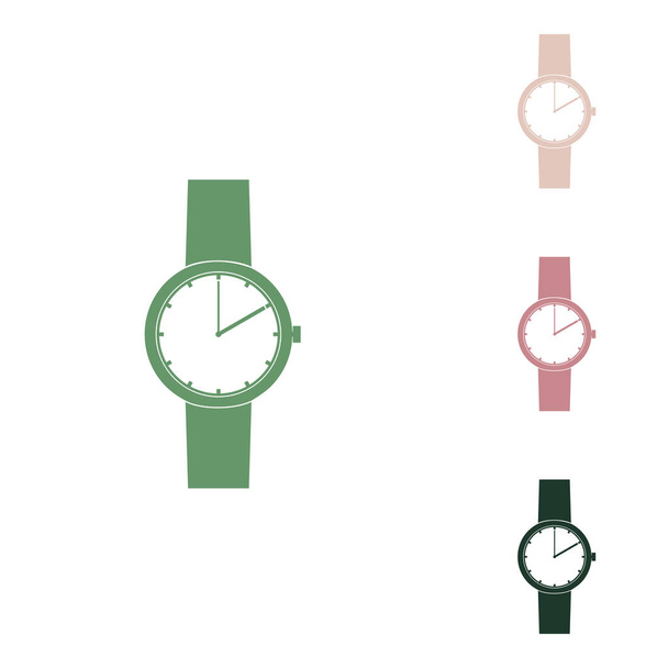 Watch sign. Russian green icon with small jungle green, puce and desert sand ones on white background. - Wektor, obraz