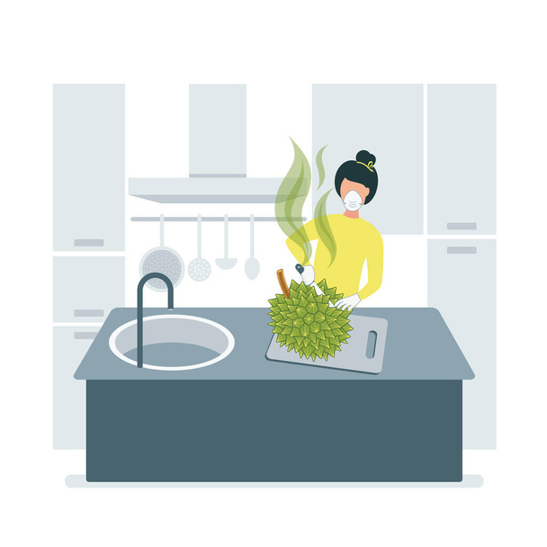 Illustration of a woman in the kitchen in a respirator and gloves cuts an exotic fruit durian with a knife. The girl cuts with a knife the stinky durian fruit in the kitchen in a mask - Vector, Image