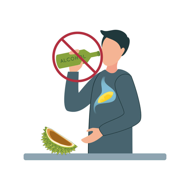 Illustratie met een bord dat het drinken van alcohol met durian fruit verbiedt. Een man at durian, drinkt alcohol uit een fles waarop een verbodsbord staat - Vector, afbeelding