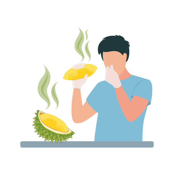 Illustratie van een man, die zijn neus bedekt, een duriaans fruit in handschoenen vasthoudt. Man houdt durian fruit in handschoenen, bedekken zijn neus van een slechte geur. - Vector, afbeelding