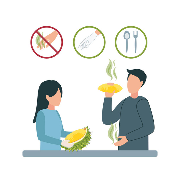 Illustration with signs prohibiting eating durian with gloves without gloves, allowing eating fruit in gloves, cutlery. People stand with durian fruit in their hands, a girl in gloves - Vector, Image