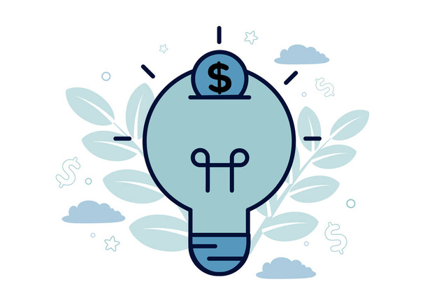 Finance. Venture capital. Financial services. Illustration of a light bulb with a coin, on a cloud background, dollar sign, star, branches with leaves - Vector, Image