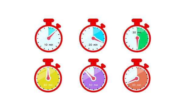 Zegar, stoper, chronometr, czas, ikona zegara płaska. Odliczanie 10, 20, 30, 40, 50, 60 minut na białym tle. Wektor EPS 10 - Wektor, obraz