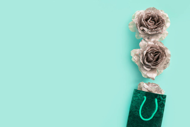 Tiffany background for text with silver glittering roses. Valentine day and love feminine concept - Photo, Image
