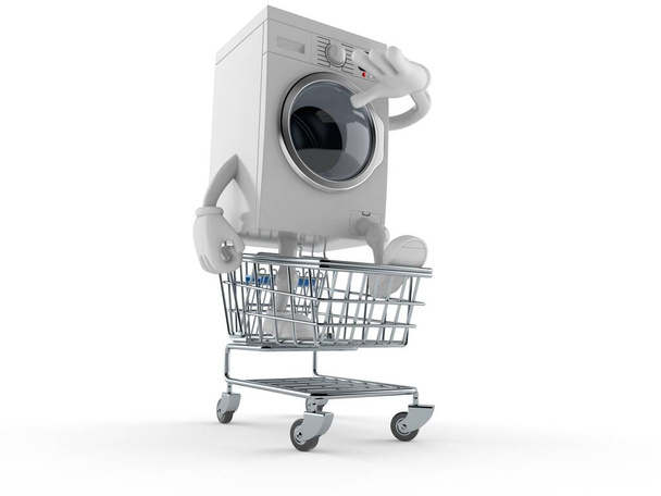 Персонаж пральної машинки всередині кошика для покупок ізольований на білому тлі. 3d ілюстрація
 - Фото, зображення