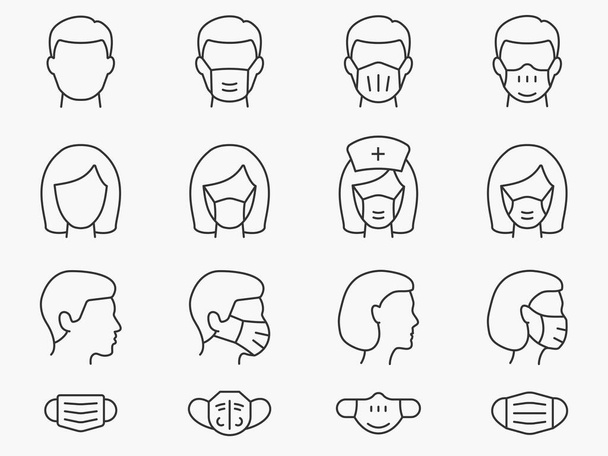 Medical face mask line icons set. Vector illustration on a white background. Editable stroke. - Vector, afbeelding