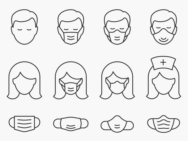 Medical face mask line icons set. Vector illustration on a white background. Editable stroke. - Вектор, зображення