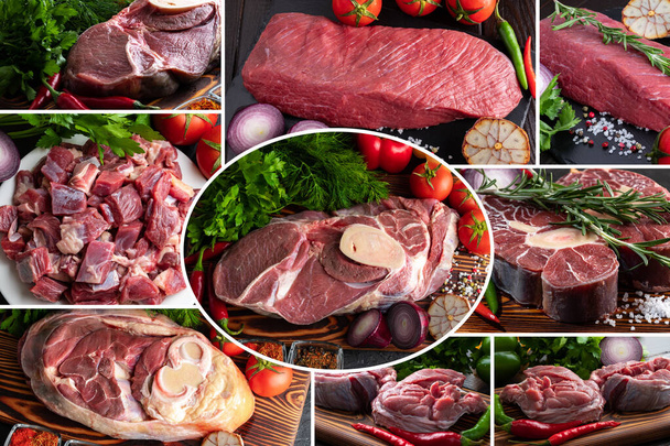 Collage di foto di carne di manzo cruda con verdure fresche e spezie
. - Foto, immagini