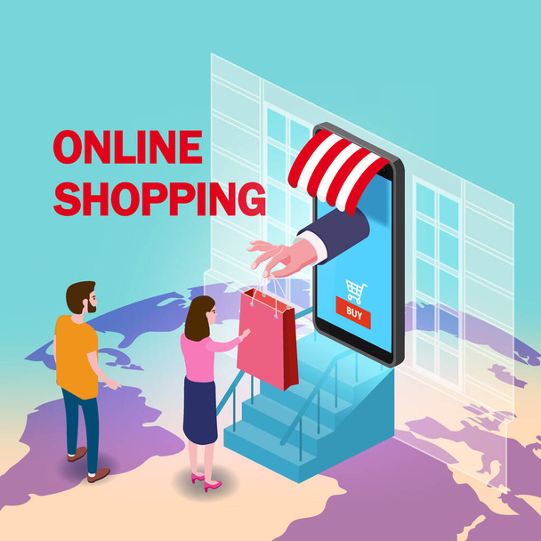 Online nakupování mladé ženy a muž charakter ruka slouží balíček s nákupem z internetového obchodu smartphone. Izometrický supermarket s ikonami, markýzou, paletovým pozadím Země. Koncepce vektoru a - Vektor, obrázek