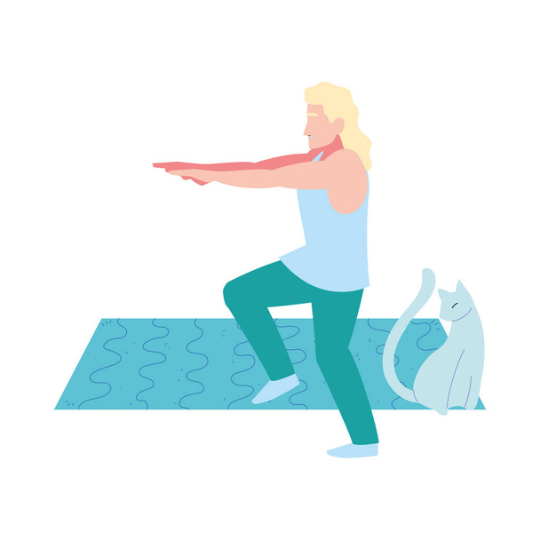 man doing stretching exercises in the company of her pet - Vector, Image