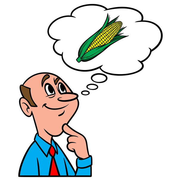 Thinking about Corn on the Cob - A cartoon illustration of a man thinking about Corn on the Cob. - Vector, Image