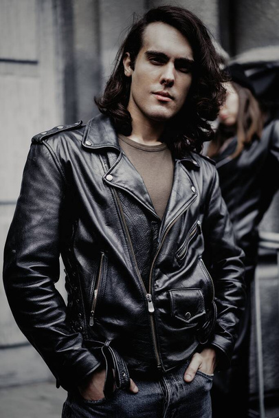 handsome man in leather jacket - 写真・画像