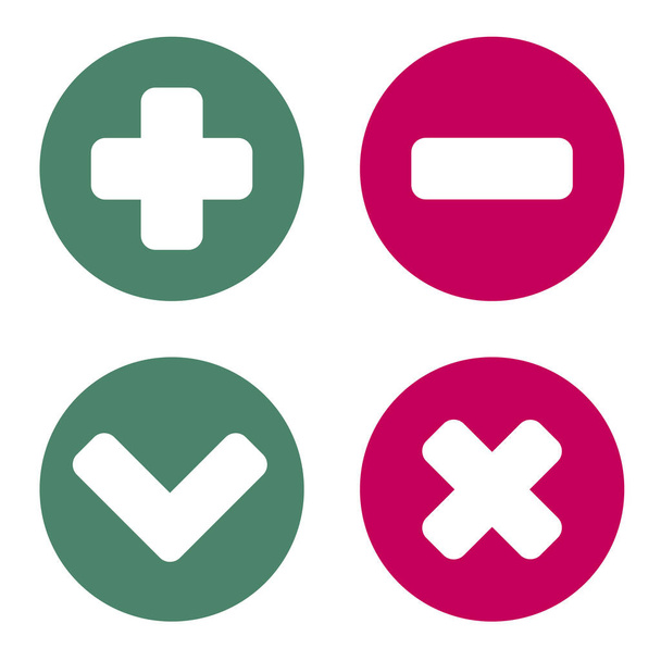 Plus minus and check mark flat icons within circles red and green. - Vector, Image