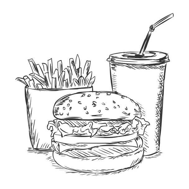 ベクトル スケッチ イラスト - ファーストフード： フライド ポテトとソーダ、ハンバーガー - ベクター画像
