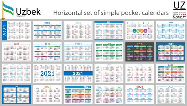 Conjunto horizontal uzbeko de calendarios de bolsillo para 2021 (dos mil veintiuno). La semana comienza el lunes. Año nuevo. Color diseño simple. Vector
 - Vector, Imagen