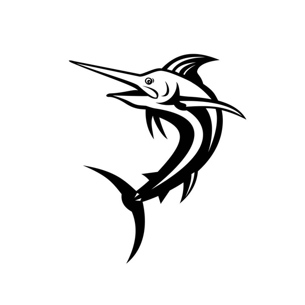 Illustration de style rétro d'un marlin bleu de l'Atlantique, espèce de marlin endémique de l'océan Atlantique, sautant en noir et blanc sur fond isolé
. - Vecteur, image