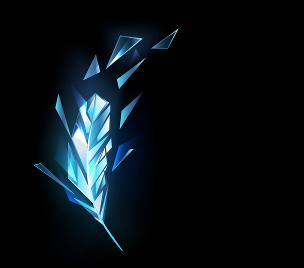 Polygonal, sparkling feather from blue transparent ice on dark background. - Vektor, obrázek