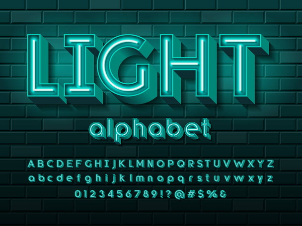 Neon light 3D alphabet design with uppercase, lowercase, numbers and symbols - Vector, Image