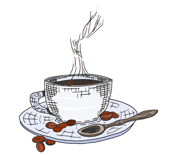 taza de café caliente en un platillo con una cuchara. ilustración de stock de imágenes
 - Foto, imagen