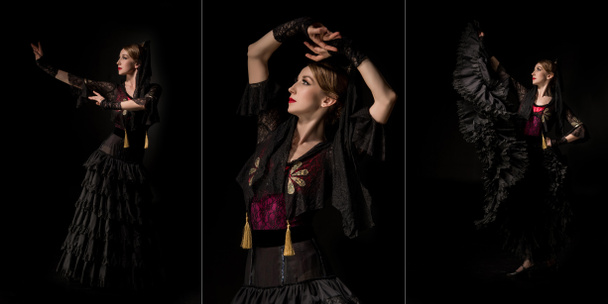collage of attractive woman dancing flamenco isolated on black  - 写真・画像