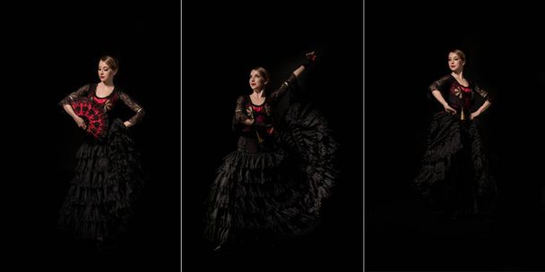 collage of elegant woman with fan dancing flamenco isolated on black  - Photo, Image